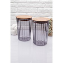 UltraMint Füme Oval Çizgili Ahşap Kapaklı Kavanoz 2200 ml Ikili Set