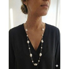 Aytens Takı Gerçek Barok Incili Dorika Detaylı Paslanmaz Çelik Uzun Kolye, Gümüş Renk