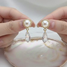 Vaoov 14K Altın Kaplama Kristal Taşlı Inci Küpe