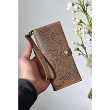 MAT DERİ Taba Hakiki Deri Telefon Cüzdanı El Yapımı Bilek Askılı Uzun Cüzdan Şal Desen