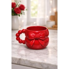 İzart 3D Kabartmalı Komple Kırmızı Fiyonk Desenli Özel Kabartmalı Tamamıyla El Yapımı Seramik Kupa
