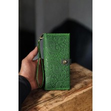 MAT DERİ Yeşil Hakiki Deri Telefon Cüzdanı El Yapımı Bilek Askılı Uzun Cüzdan Şal Desen