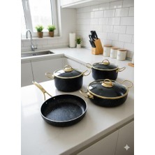 abnturk Granit Şıklığı Altın & Siyah Serisi Modern Mutfak Seti 1 Adet Ge,niş Tava 2 Adet Derin Tencere (Kapaklı) 1 Adet Karnıyarık/pilav Tenceresi (Kapaklı)