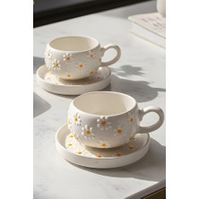  el yapımı papatya desenli, 4 parça 2 kişilik çay fincanı takımı