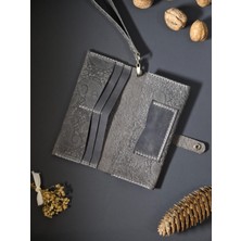 MAT DERİ Gri Hakiki Deri Telefon Cüzdanı El Yapımı Bilek Askılı Uzun Cüzdan Şal Desen