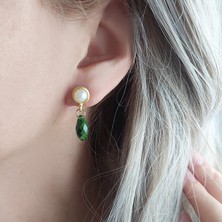 Vaoov 14K Altın Kaplama Yeşil Kristal Taşlı Inci Küpe