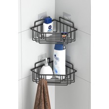UltraMint Mat Siyah Yapışkanlı Kanca, 2'li Banyo Köşe Rafı Seti