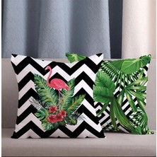 Alkan Homes 2 Li Kombin Flamingo ve Tropikal Yaprak Desenli Dijital Baskılı Kırlent Kılıfı