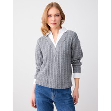 Jimmy Key Gri Melanj Gömlek Yaka Yumuşak Dokulu Saç Örgü Desenli Kazak