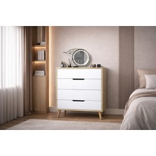 VM VERTEX MOBİLYA Flora 4 Çekmeceli Şifonyer Modern Tasarım Safir Meşe-Beyaz 78x95x45 cm