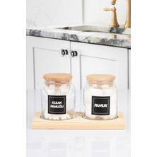 UltraMint Iki Parça Ahşap Standlı Vakumlu Kapaklı Pamuk Kavanozu Seti 300 ml