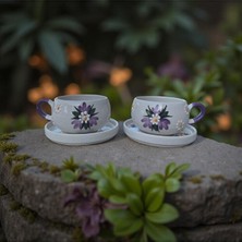  tabaklı kupa lila çiğdem çiçeği, 2 kupa, 2 tabak, el ışi seramik kupa, kek kupa
