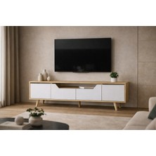 VM VERTEX MOBİLYA Roma Ahşap Ayaklı Tv Ünitesi Tv Sehpası Safir Meşe - Beyaz