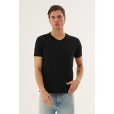 Alexandergardı V Yaka Siyah Basic T-Shirt Erkek Kısa Kol %50 Pamuk %45 Viskon Regular Fit