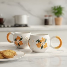 RGS Homelife 2'li El Yapımı Seramik Kahve, Çay Fincanı Turuncu Lale Ece Kupa