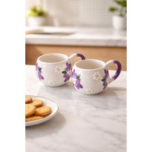 RGS Homelife 2'li El Yapımı Seramik Kahve, Çay Fincanı Mor Lale Ece Kupa
