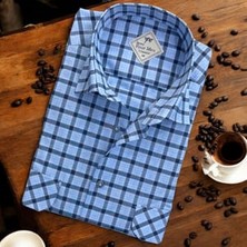 Eren Style Linen Keten Klasik Uzun Kollu Iki Cepli Kapaklı Mavi Baba Gömleği (Regular Kalıp)