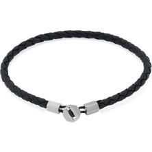 Gümüş Kaplama Çelik Siyah Deri Erkek Bileklik