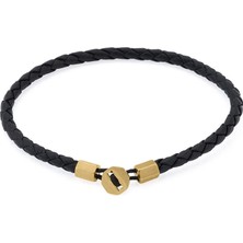 Altın Kaplama Çelik Siyah Deri Erkek Bileklik