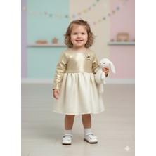 Dudese Kız Çocuk Işıltılı Gold Detaylı Uzun Kollu Elbise