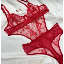 Kalp Desenli Kırmızı Transparan Tül Balenli Fantazi Bodysuit