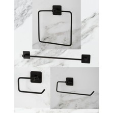 UltraMint Siyah Kare Uzun Havluluk ve Tuvalet Kağıtlığı 4'lü Banyo Seti