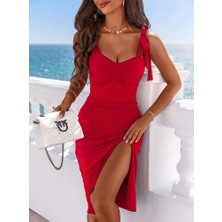 Yeşil Sarmaşık Kadın Göğüs Büzgü Detay Askıları Bağlamalı Yırtmaçlı Krep Elbise