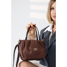 BALANZ Kahverengi Kadın Nubuk Çanta Astarlı Fermuarlı - Çapraz Askılı Omuz ve El Çantası Küçük Boy