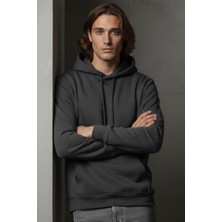 Libas Verda Unisex Kışlık Antrasit Gri Üç Iplik Şardonlu Pamuklu Kalın Basic Kapüşonlu Hoodie Sweatshirt