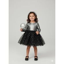 Dudese Kız Çocuk Işıltılı Gümüş ve Siyah Yıldız Desenli Tüllü Elbise