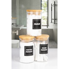 UltraMint 3’lü Bambu Vakumlu Kapaklı Kulak ve Makyaj Pamuğu, 250 ml Cam Kavanoz