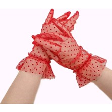 Kısa Boy Güpürlü Kırmızı Puantiyeli Tül Eldiven Kırmızı Renk - Lisinya