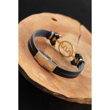 Gold Renk Metal Labirent Tasarım Siyah Renk Deri Erkek Bileklik - Lisinya