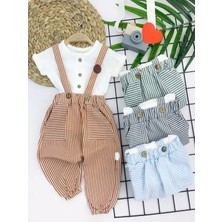 Veralya 9-12-18-24 Ay Pamuk Keten Cepli Çizgili 2li Erkek Bebek Salopet Takımı Hardal