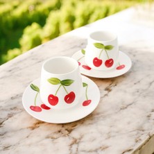 Kiraz Desenli El Yapımı Porselen Kahve Fincanı 2'li Takım