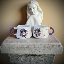 Lila Renkli Çiğdem Çiçeği Desenli Mor Desenli 2 Adet Seramik Klasik Kazan Kupa