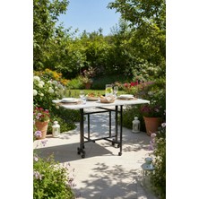 Alchair Almira 70x110 Beyaz Mermer Desen Mutfak Çalışma Masası Açılabilir Katlanabilir Tekerlekli Masa