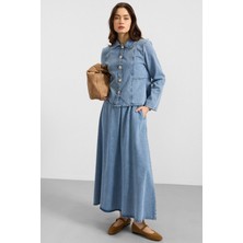Olcay Metal Düğmeli Etek Ceket Denim ikili Takım AÇIK MAVİ 9400-TK