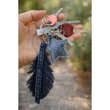 El Işçiliği Yaprak Yıldız Detaylı Denim Çanta Charm