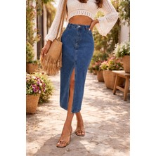 Dema Kadın Denim Esnek Kumaş Yırtmaçlı Uzun Etek