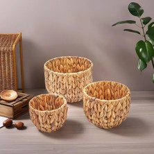 Braventa Collection 3'lü El Yapımı Doğal Hasır Yuvarlak Saksı Seti, Hasır El Yapımı Yuvarlak Örgü Saksı 3'lü Set, Rattan