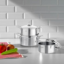 Braventa Collection Nehir Silver 6 Parça Paslanmaz Çelik Mini Tencere Seti (12-14-16 Cm)