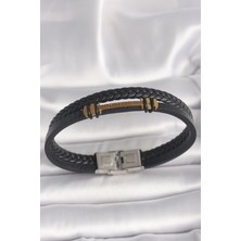 Clariss Ashwork 316L Çelik Gold Renk Zikzak Işlemeli Aksesuarlı Çift Sıra Burgu Desenli Deri Kordon Er