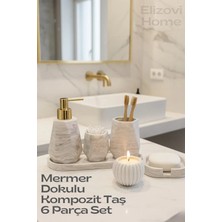 UltraMint Mermer Dokulu 6 Parça Banyo Seti Sabunluk, Diş Fırçalık, Mumluk, Dekoratif Tepsi