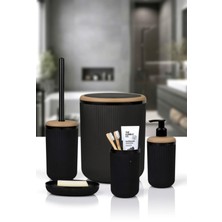 UltraMint Şık Siyah Çizgili Yuvarlak 5'li Banyo Seti, Zarif ve Modern Tasarım