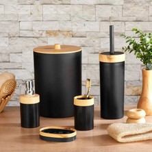 UltraMint Bambu Desenli Siyah 5'li Banyo Seti: Çöp Kovası, Sıvı Sabunluk, Diş Fırçalık