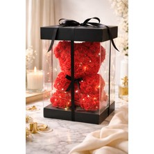 Salish Işıklı Şeffaf Kutuda Kırmızı Gül Kaplı Ayıcık  | Özel Tasarım Romantik Sevgililer Günü Hediye