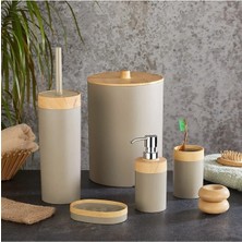UltraMint Bambu Desenli Krem 5'li Banyo Seti: Çöp Kovası, Sıvı Sabunluk, Diş Fırçalık