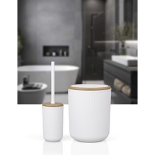 UltraMint Kırık Beyaz Çizgili Yuvarlak Wc Kova ve Fırça Seti, Şık ve Pratik Kullanım