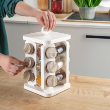 Braventa Collection 1082 Kare Prizma Döner Standlı Döner Kapaklı 12'li Cam Baharatlık-Düzenleyici Organizer-Beyaz Cappuc